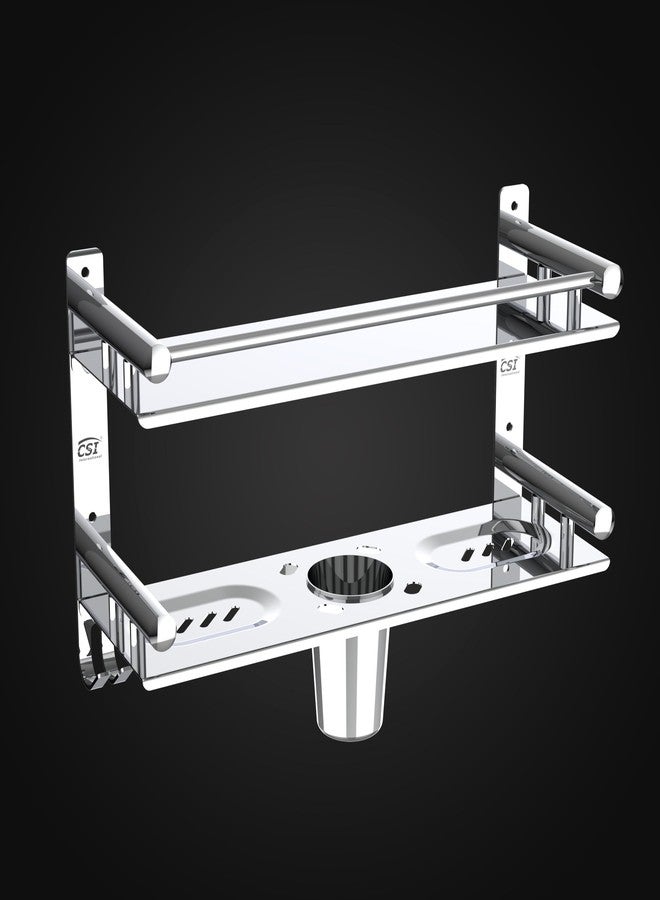 Filox Stainless Steel Bathroom Storage Shelf Rack | 2-Tier Wall Mounted Stand | Shelf Organizer with Toothbrush Holder | Multipurpose Bathroom Accessories, - Image 1